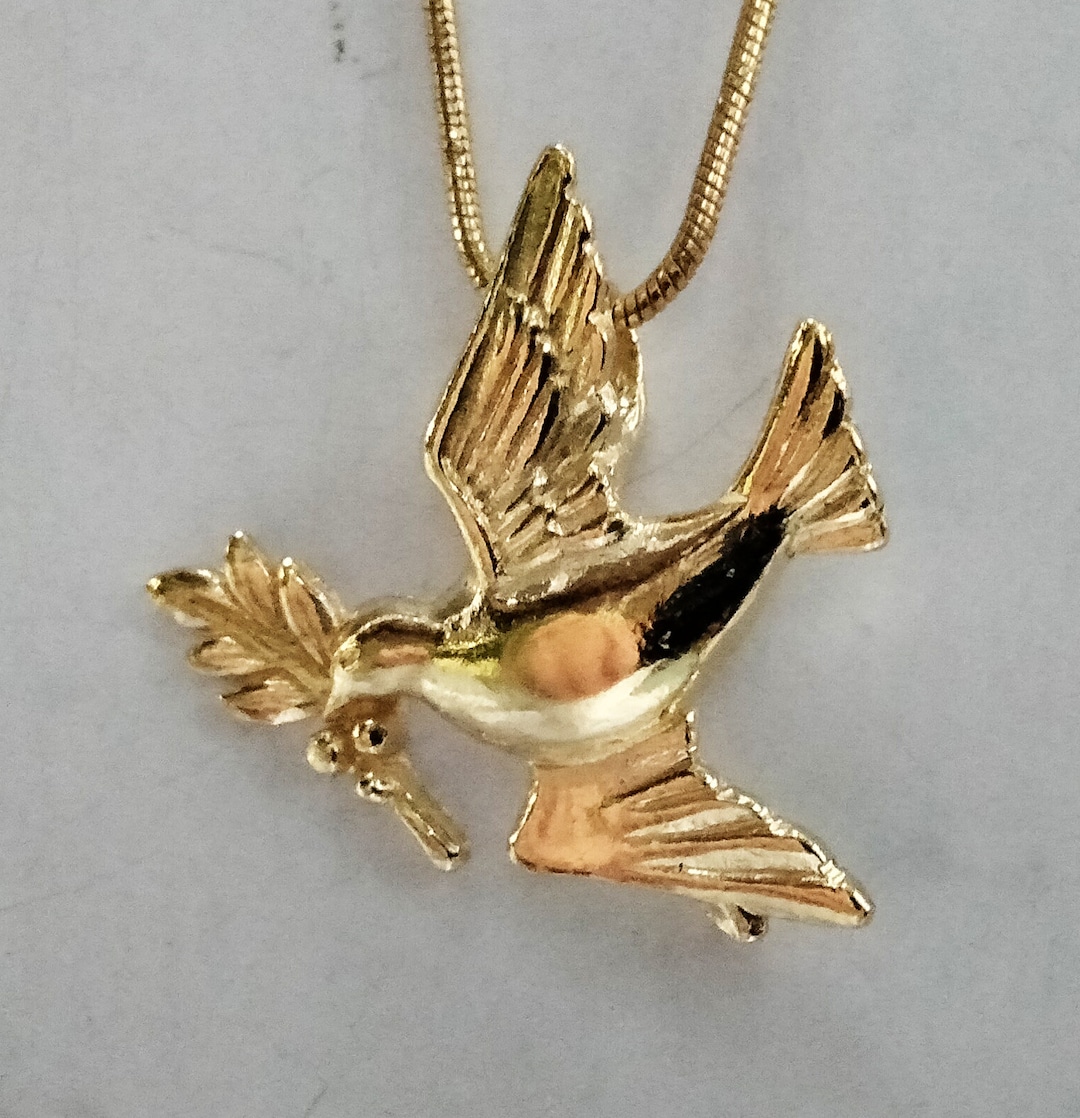 Dove With Olive Branch Pendant Charm Gold 9k, 14k, 18k Necklace Amulet ...