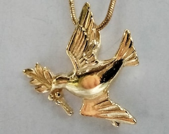 dove with olive branch pendant charm gold 9k, 14k, 18k necklace amulet symbol of peace. Jewel and chain gold filled 18k