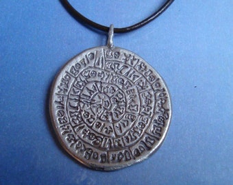 PHAISTOS DISC Disk Pendant symbo Crete Bronze Age greek, Jewel Handmade Solid 925 sterling silver medal necklace charm engraved two sides