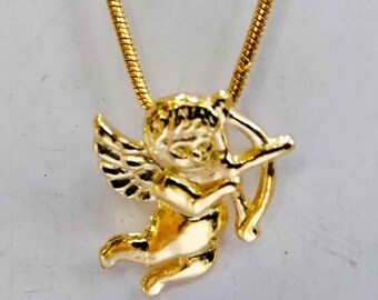 Cupid god Eros angel with bow and arrow charm pendant gold 9k, 14k, 18k or goldplated 18k love amulet jewel necklace chain gold filled 18k