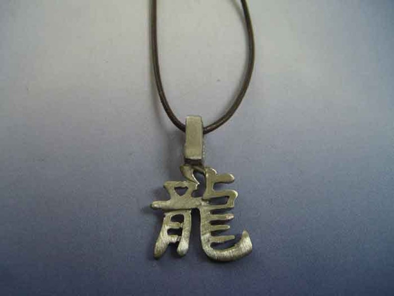 May include: A silver necklace with a pendant featuring the Chinese character for "dragon" in a stylized font. The necklace is made of a brown leather cord.