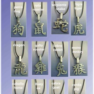 May include: Twelve silver pendants with Chinese zodiac symbols on black leather cords. The symbols are: Dog, Rooster, Snake, Tiger, Dragon, Rooster, Rabbit, Monkey, Horse, Ox, Goat, Pig.