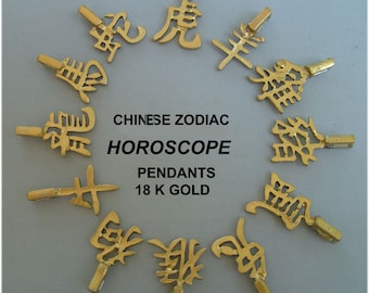 Chinese zodiac, pendant in Gold 9k, 14k, 18k, or Goldplated 18k, all the sings,  astrologic Handmade jewelry Symbol chinese Letter Horoscope