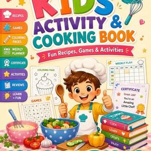 Może przedstawiać: Kolorowa książka z aktywnościami i gotowaniem dla dzieci zatytułowana "KIDS ACTIVITY & COOKING BOOK" z tekstem "Fun Recipes, Games & Activities". Książka zawiera postać szefa kuchni z kreskówek, przepisy, gry, kolorowanki i tygodniowy planer. Dla dzieci w wieku 10-13 lat.