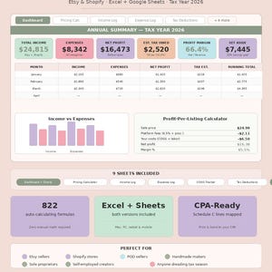 Pode incluir: Um download digital intitulado The Automated Seller Tax Hub para Etsy e Shopify, compatível com Excel e Google Sheets para o ano fiscal de 2026. A interface exibe um painel de resumo anual, registros mensais de receitas e despesas, uma calculadora de lucro por listagem e 822 fórmulas de cálculo automático.