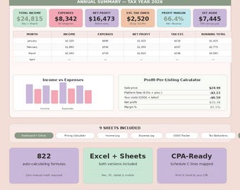 Etsy Shopify Seller Tax Hub: Income Expense Tracker Excel Google Sheets (Digital Download)