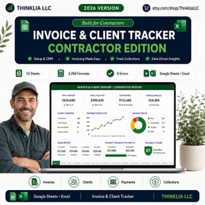 Może przedstawiać: Cyfrowy pulpit nawigacyjny zatytułowany Invoice & Client Tracker Contractor Edition 2026 Version wyświetlony na ekranie laptopa. Interfejs zawiera wskaźniki finansowe, trendy przychodów, wykresy statusu faktur oraz śledzenie płatności.