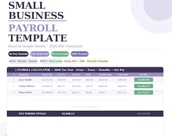 Small Business Payroll Spreadsheet | Payroll Template | Pay Stub Generator | W-2/1099 Tracker | Excel | IRS-Ready 2026