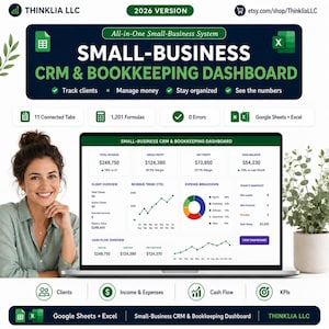 Pode incluir: Um painel digital de CRM e contabilidade para pequenas empresas, versão 2026, para Google Sheets e Excel. A interface exibe métricas financeiras, incluindo receita total, lucro bruto, lucro líquido, saldo de caixa, visão geral de clientes e gráficos.