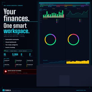 May include: A digital bookkeeping dashboard interface displayed on a dark background. The layout features text headers, financial data summaries, and colorful charts including bar graphs, line graphs, and circular diagrams for tracking income and expenses.