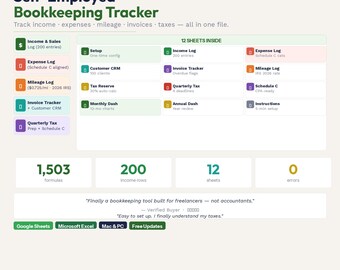 Self-Employed Bookkeeping Tracker: Income, Expense, Mileage, Schedule C (Google Sheets, Excel)