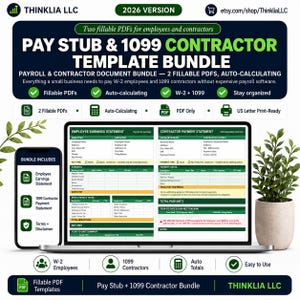 May include: A digital payroll and 1099 contractor template bundle displayed on a laptop screen and smartphone. The documents feature green and white layouts for employee earnings and contractor payment statements, including auto-calculating fields.