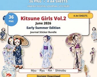 Kitsune Girls Vol.2 Early Summer Digital Stickers, Printable Japanese Fox Mask Yukata PNG A4 Sheets for Journal Planner Scrapbook