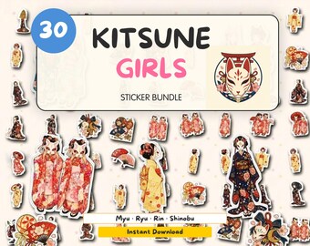Kitsune Girls Sticker Bundle – Japanese  Kimono, Kitsune Mask Designs (Digital Download)