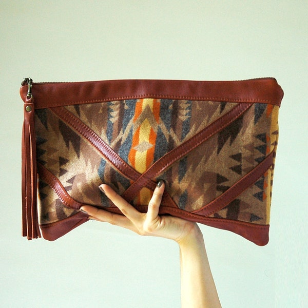 Leather and Pendleton Oregon pouch/ clutch with tassel