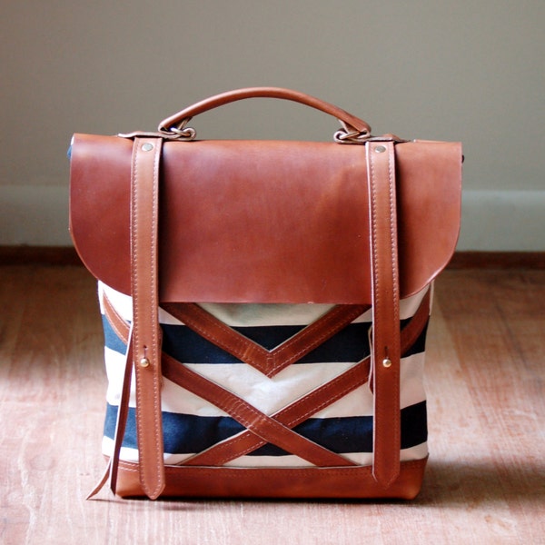 The Coastal Bag in Havana Stripe- hand printed canvas and horween leather in deep tan