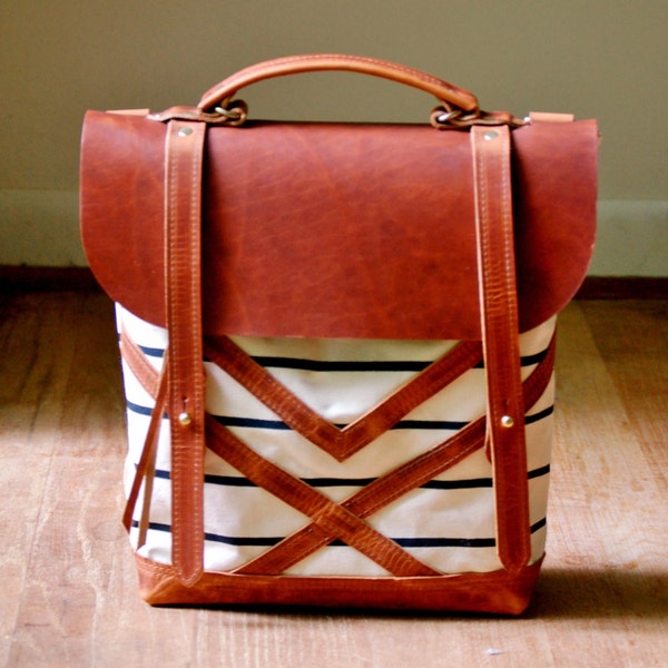 The Coastal Bag in Tico Stripe- hand printed canvas and horween leather in cognac