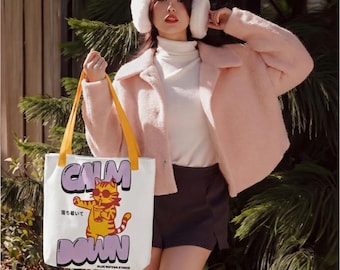 Calm Down Cat Boba Tote Bag, Japanese Canvas Grocery Bag