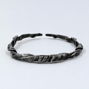 S999 Fine Silver Feather Cuff Bracelet, Hand-Carved Oxidized Open Bangle, Adjustable Unisex Jewelry, Personalized Anniversary Gift