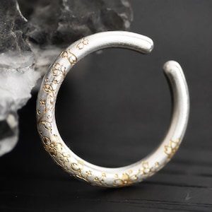 Sakura Trace Ring, Handmade S999 Fine Silver Ring with 24K Gold Inlay, Japanese Cherry Blossom Ring, Chiseled Sakura Jewelry, Open or Closed