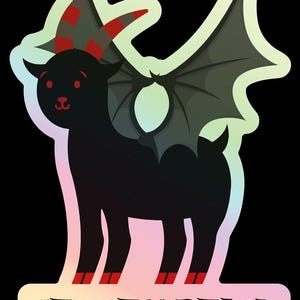 May include: A sticker featuring a black creature with bat-like wings, red and black striped horns, and red hooves. The creature has a small tail and is standing above a rectangular base with the text JERSEY DEVIL printed in black capital letters.