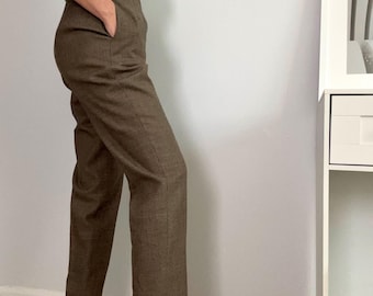 Vintage 100% Wool Trousers | Brown Micro Check High Rise Pants (Size 8)