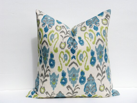 Euro Pillow Blue Green Pillow Euro Sham Burlap Pillow Ikat Pillow