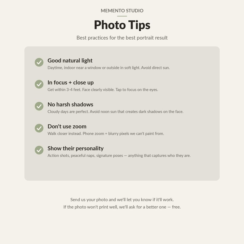 May include: An informational graphic titled Memento Studio Photo Tips with a list of five best practices for portrait photography including using natural light, keeping the subject in focus, avoiding harsh shadows, not using zoom, and showing personality.