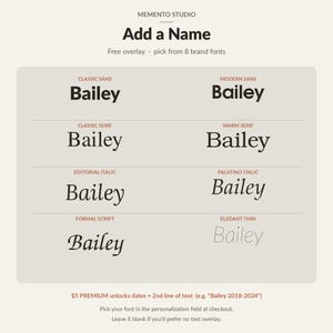 May include: A Memento Studio graphic displaying eight font options for a name overlay. The text reads Add a Name, followed by Classic Sans, Modern Sans, Classic Serif, Warm Serif, Editorial Italic, Palatino Italic, Formal Script, and Elegant Thin.