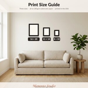 May include: A Print Size Guide graphic displaying three rectangular frames with dimensions 16x20, 11x14, and 8x10 inches. The text specifies three sizes on 285gsm watercolor paper, printed in the USA, with the Memento Studio logo at the bottom.
