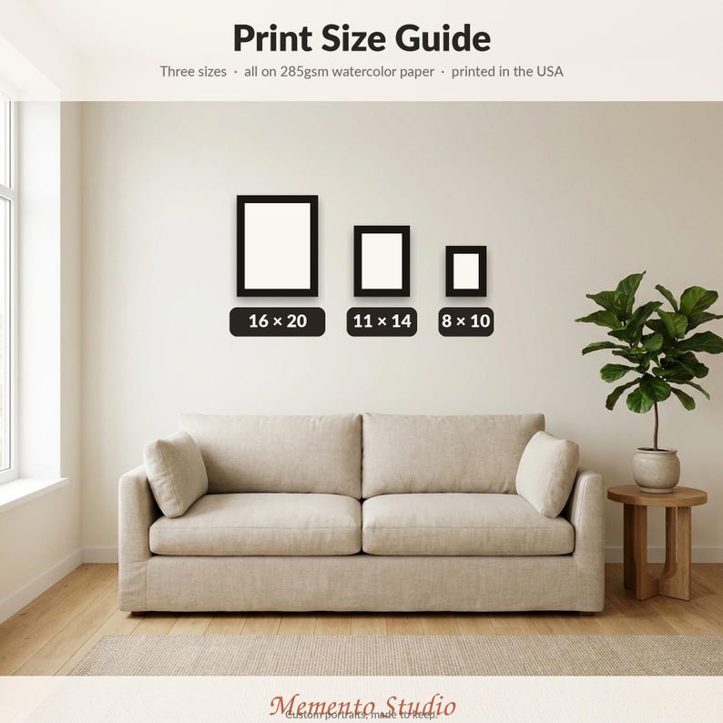 May include: A Print Size Guide graphic displaying three rectangular frames with dimensions 16x20, 11x14, and 8x10 inches. The text specifies three sizes on 285gsm watercolor paper, printed in the USA, with the Memento Studio logo at the bottom.