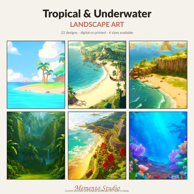 May include: A collection of six digital landscape art prints titled Tropical & Underwater LANDSCAPE ART, featuring 22 designs in 4 sizes. The images depict tropical beaches, lush green jungles, coastal cliffs, and vibrant underwater coral reefs.
