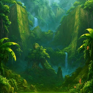 May include: A lush tropical landscape featuring towering green cliffs covered in dense vegetation, multiple cascading waterfalls flowing into a misty valley, and large broad-leafed plants with orange flowers in the foreground.