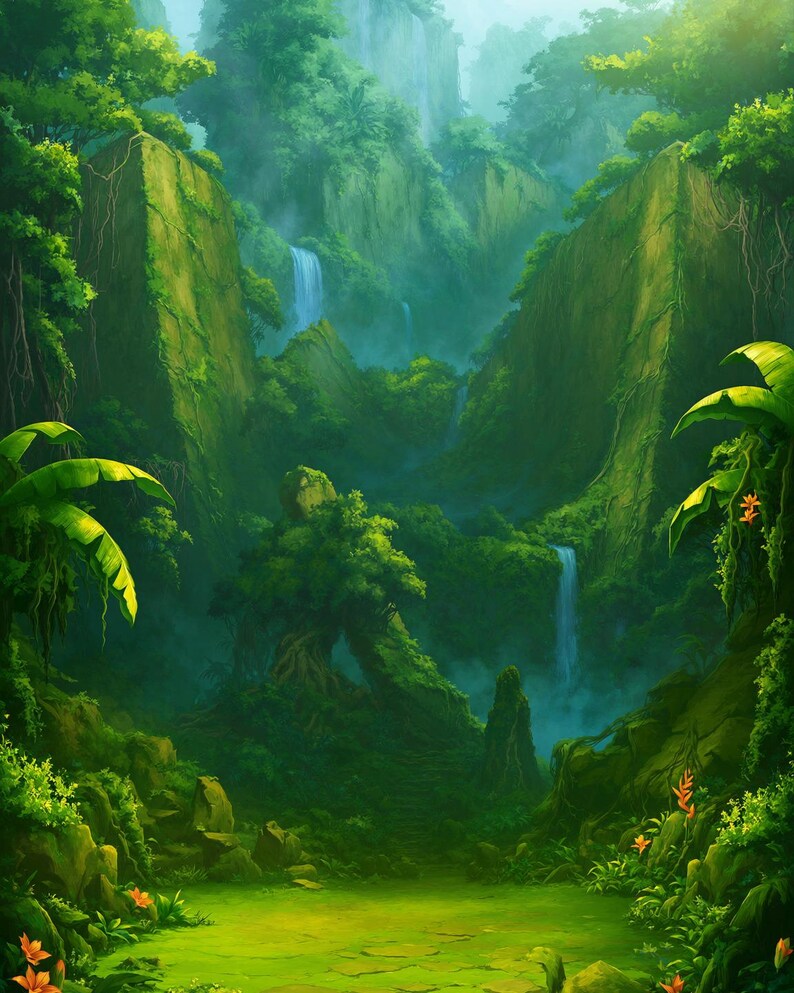 May include: A lush tropical landscape featuring towering green cliffs covered in dense vegetation, multiple cascading waterfalls flowing into a misty valley, and large broad-leafed plants with orange flowers in the foreground.