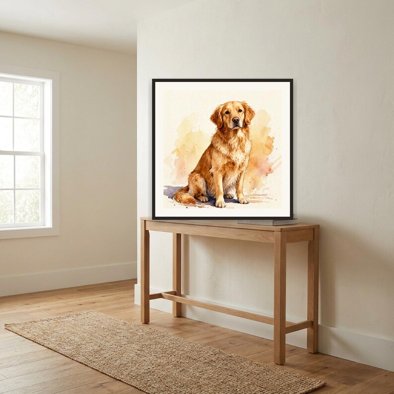 May include: A square framed wall art print featuring a watercolor illustration of a golden retriever dog sitting down. The dog has golden-brown fur and is depicted against a soft, abstract wash of warm yellow and orange tones on a white background.