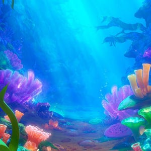 May include: A vibrant underwater scene featuring a sandy ocean floor populated with colorful coral formations in shades of purple, pink, orange, and green. A small red starfish rests on the sand, while light rays filter through the deep blue water.
