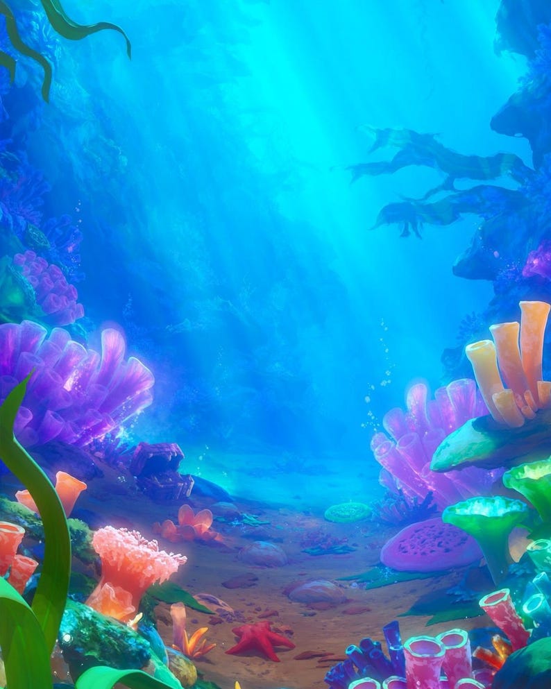 May include: A vibrant underwater scene featuring a sandy ocean floor populated with colorful coral formations in shades of purple, pink, orange, and green. A small red starfish rests on the sand, while light rays filter through the deep blue water.