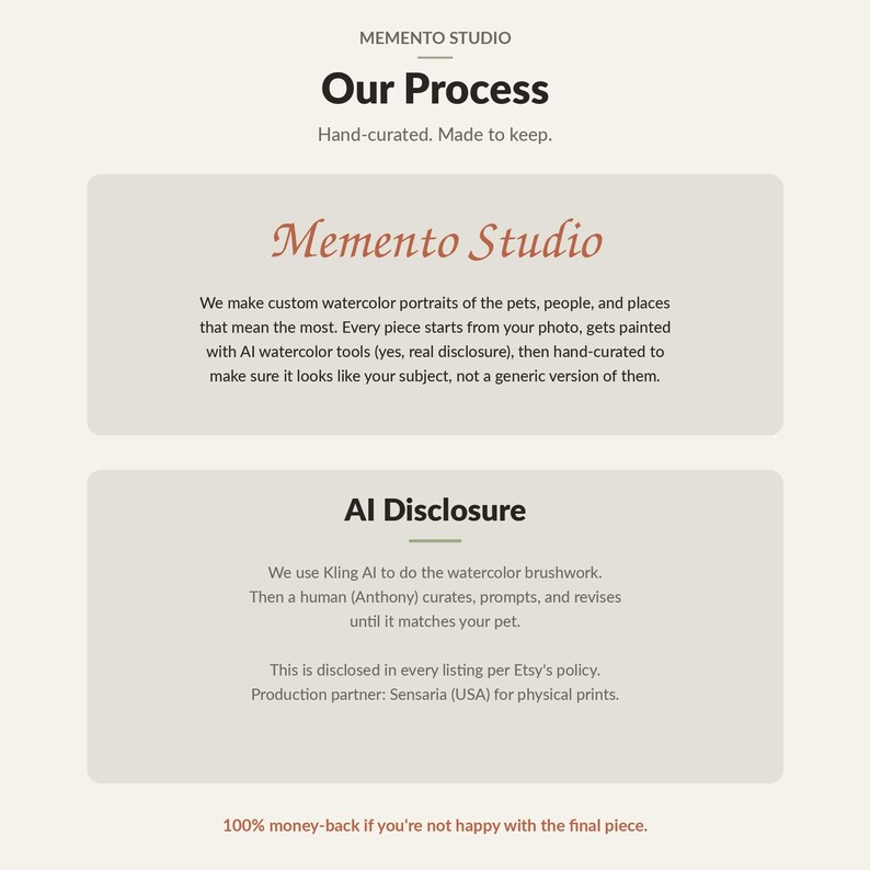 Puede incluir: Un gr&aacute;fico informativo titulado Memento Studio Our Process con texto que explica la creaci&oacute;n de retratos en acuarela personalizados mediante herramientas de IA y curaci&oacute;n humana. Incluye una secci&oacute;n de AI Disclosure sobre Kling AI y Sensaria.