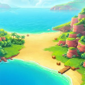 May include: A digital illustration of a tropical beach scene featuring a sandy shore, turquoise ocean water, and green cliffs. Several small wooden treasure chests are scattered along the sand near a wooden pier extending into the water.