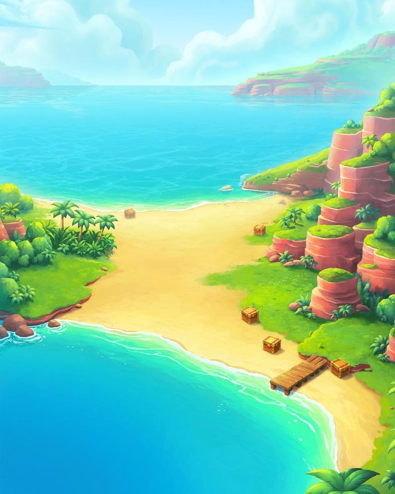 May include: A digital illustration of a tropical beach scene featuring a sandy shore, turquoise ocean water, and green cliffs. Several small wooden treasure chests are scattered along the sand near a wooden pier extending into the water.