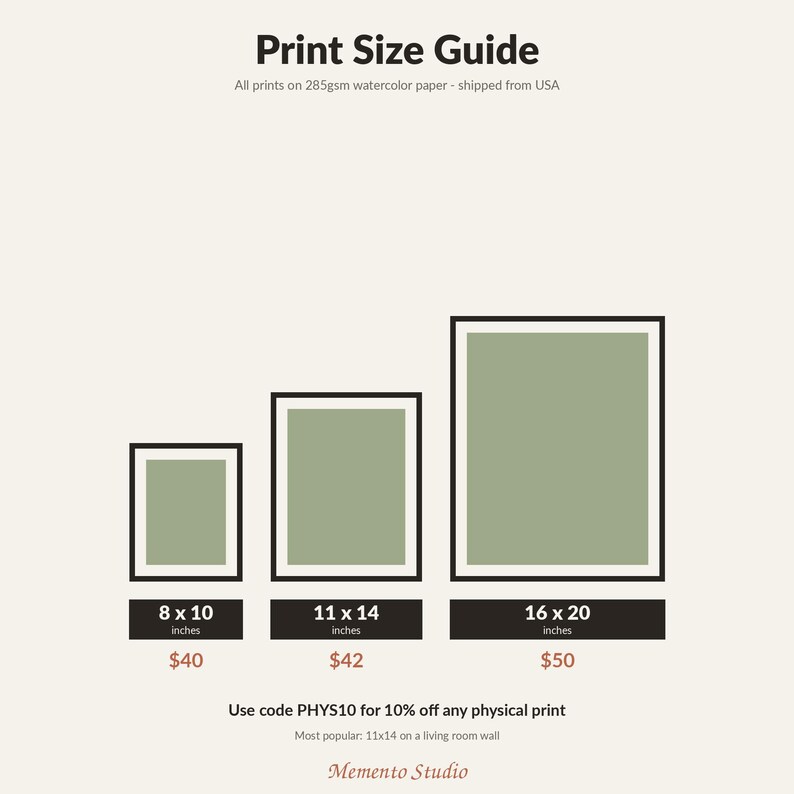May include: A print size guide featuring three rectangular frames with sage green centers and black borders. The sizes listed are 8 x 10 inches, 11 x 14 inches, and 16 x 20 inches. The text includes Print Size Guide, Memento Studio, and code PHYS10.