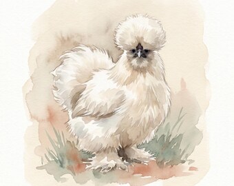 Conjunto de retratos de gallinas en acuarela personalizados - 3 acuarelas x 4 tamaños de impresión - 12 archivos - Arte digital de gallinas sedosas domésticas
