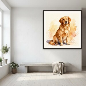 May include: A square framed wall art print featuring a watercolor illustration of a golden retriever dog sitting down. The dog has golden-brown fur and is depicted against a soft, abstract wash of warm yellow and orange tones on a white background.