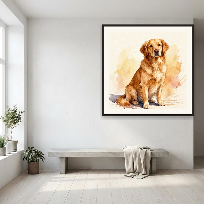 May include: A square framed wall art print featuring a watercolor illustration of a golden retriever dog sitting down. The dog has golden-brown fur and is depicted against a soft, abstract wash of warm yellow and orange tones on a white background.