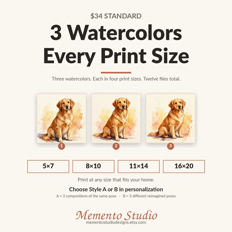 Puede incluir: Un listado de producto digital con tres ilustraciones en acuarela de un golden retriever. El texto incluye 3 Watercolors Every Print Size, Three watercolors. Each in four print sizes. Twelve files total., 5x7, 8x10, 11x14, 16x20, Choose Style A or B in personalization y Memento Studio.