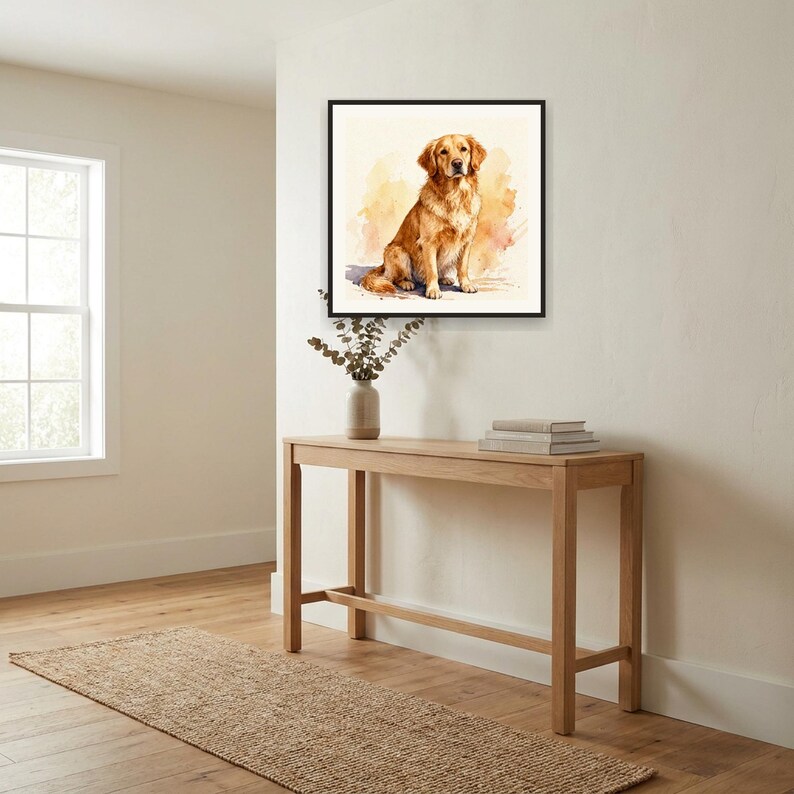 May include: A square framed wall art print featuring a watercolor painting of a golden retriever dog sitting down. The dog has light brown fur and is depicted against a soft, abstract wash of warm yellow and orange tones on a white background.