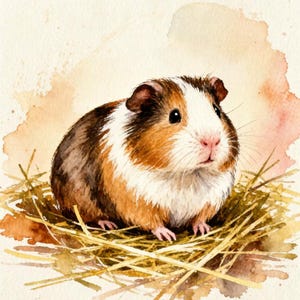 Puede incluir: Una ilustraci&oacute;n en acuarela de un conejillo de indias con pelaje marr&oacute;n, blanco y tostado sentado en un peque&ntilde;o mont&oacute;n de heno amarillo seco. El animal tiene ojos oscuros, nariz rosada y bigotes visibles sobre un fondo de tonos claros.