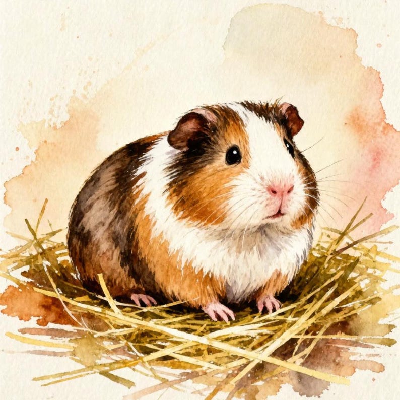 Puede incluir: Una ilustraci&oacute;n en acuarela de un conejillo de indias con pelaje marr&oacute;n, blanco y tostado sentado en un peque&ntilde;o mont&oacute;n de heno amarillo seco. El animal tiene ojos oscuros, nariz rosada y bigotes visibles sobre un fondo de tonos claros.