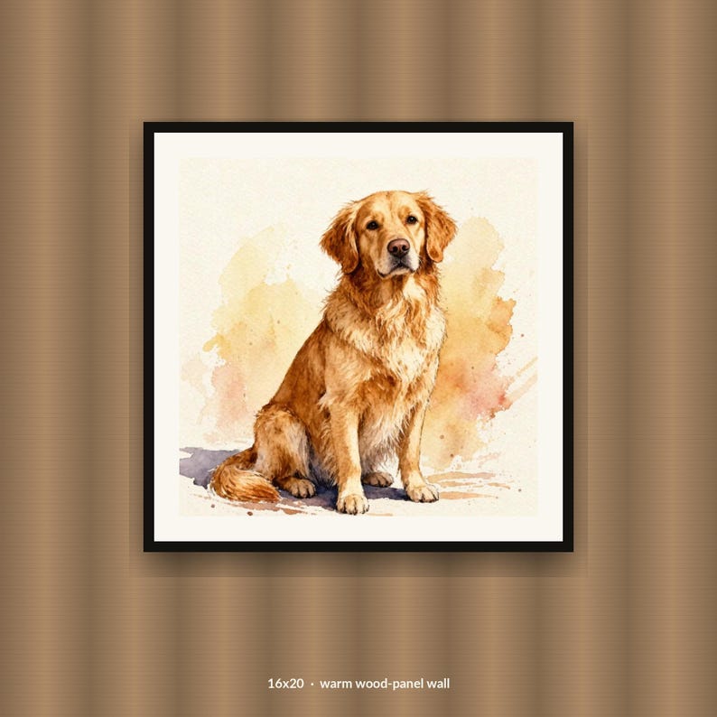 May include: A framed 16x20 inch wall art print featuring a watercolor illustration of a golden retriever dog sitting. The dog has golden-brown fur and is depicted against a soft, abstract wash of warm yellow and orange tones on a white background.