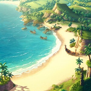 May include: A digital illustration of a tropical coastline featuring a sandy beach, turquoise ocean water, and lush green hills. Several small wooden boats are anchored near wooden piers, while a larger boat rests on the shore near palm trees.